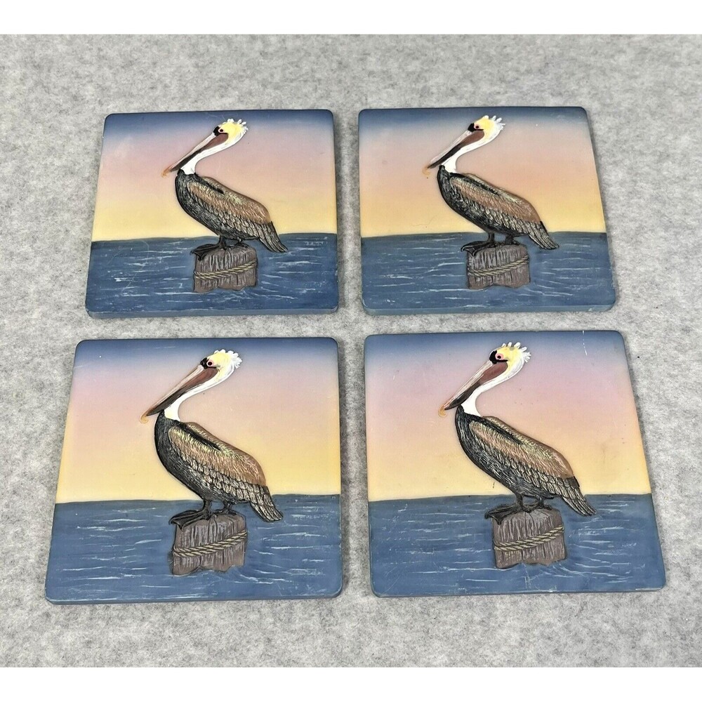 Pelican Ceramic Coaster for Drinks‎ 4 Piece Set Cork Base Ocean Bird Beach Theme